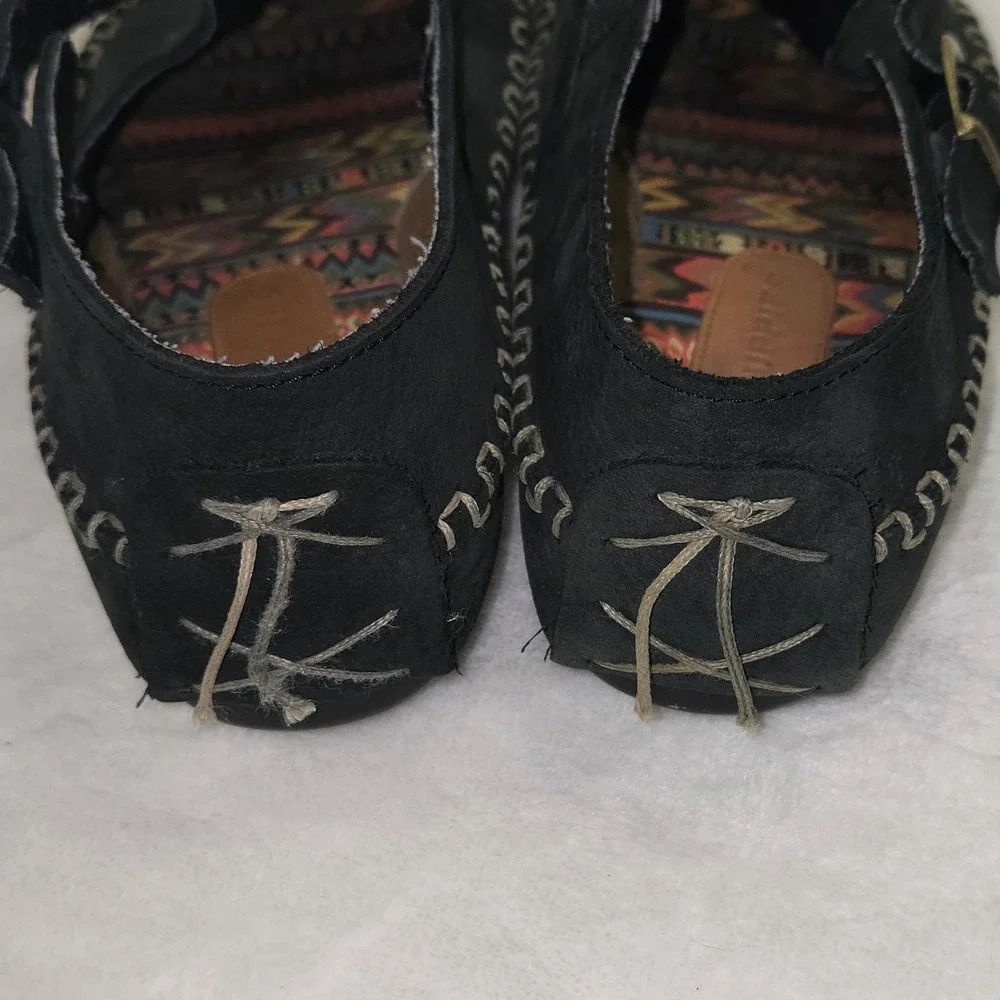 Hush Puppies Womens 8.5 W Black Leather T-Strap Sunburst Flats Shoes 58304